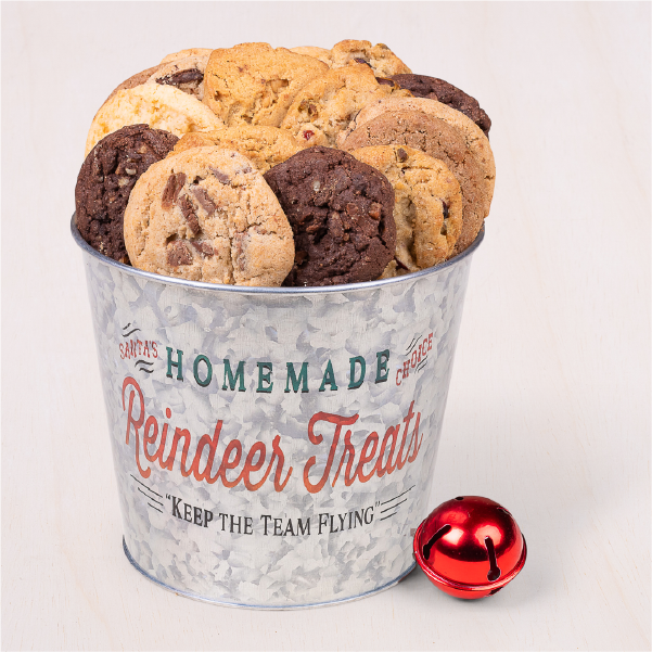 This decorative metal Christmas cookie bucket features 18 of our delectables in a your choice of flavor or specially curated assortment.