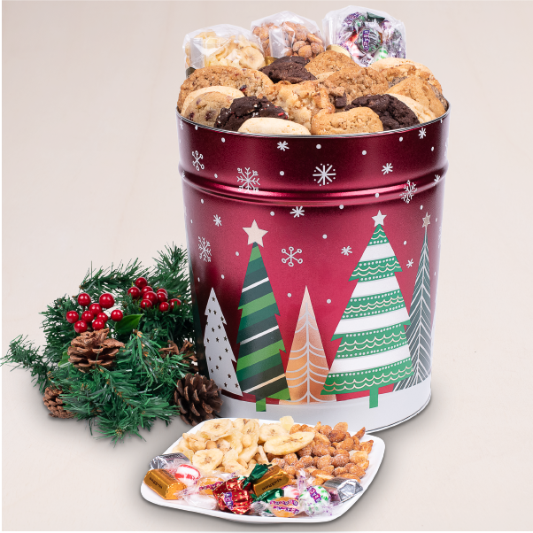 Festive trees adorn this charming Christmas cookie bucket available in three different sizes and packed with our individually-wrapped gourmet cookies and other assorted treats.